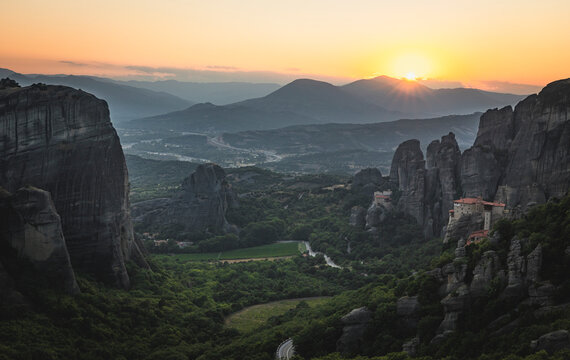 Stunning sunrise over the Meteora monasteries in Greece