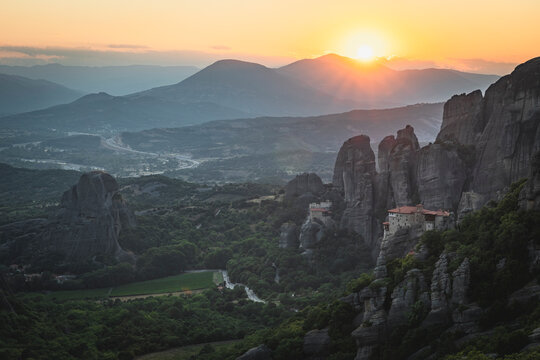 Majestic sunrise view of monasteries at Meteora Greece