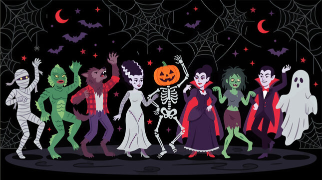 Classic Halloween Monsters Dancing Together: Mummy, Creature, Werewolf, Bride, Skeleton, Vampire, Zombie, Ghost, Flat Vector Illustration