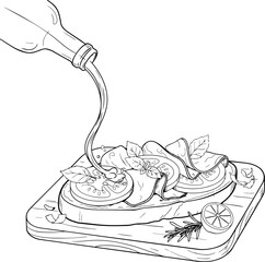 Obraz premium Olive oil drizzling onto bruschetta with tomato and basil on a wooden board during preparation