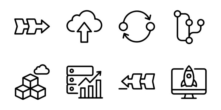 DevOps icon set with outline cloud upload pipeline sync module server and deployment for tech UI