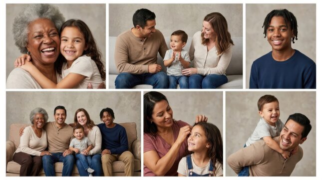 Diverse family portrait collage set with multiple ages, professional human character lifestyle, human expression and pose,