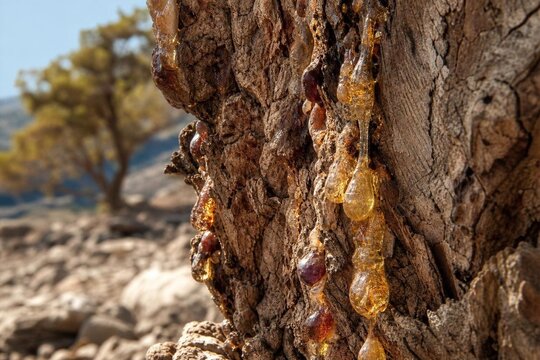 Myrrh tree trunk with golden resin drops in natural sunlight.