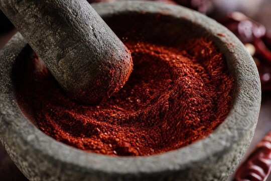 Ancho chili being ground into deep red powder in a stone mortar, macro detail.
