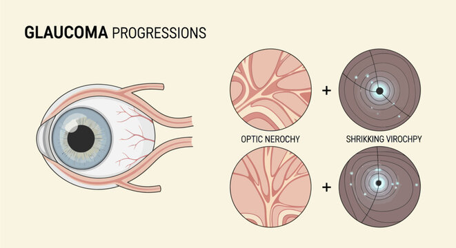 Illustration showing the progression of glaucoma, including optic nerve damage and shrinking of the optic disc.
