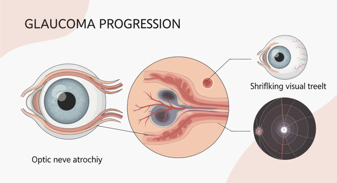 Illustration showing the progression of glaucoma, from optic nerve atrophy to shrinking visual field.