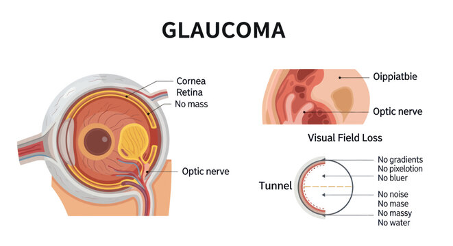 Diagram illustrating the anatomy of the eye and the effects of glaucoma on the optic nerve and visual field.