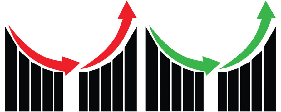 Up and down graph chart vector icon set. growth increase and decrease sign. economy rise and decline symbol. upward or downward trend bar chart icon