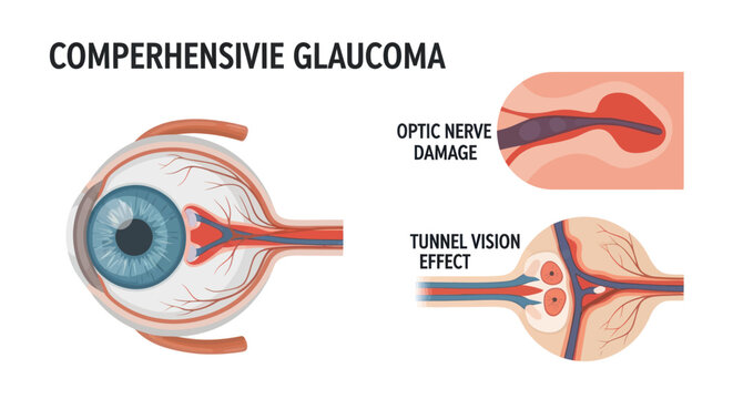 Comprehensive illustration of glaucoma, detailing optic nerve damage and tunnel vision effect within the human eye anatomy.