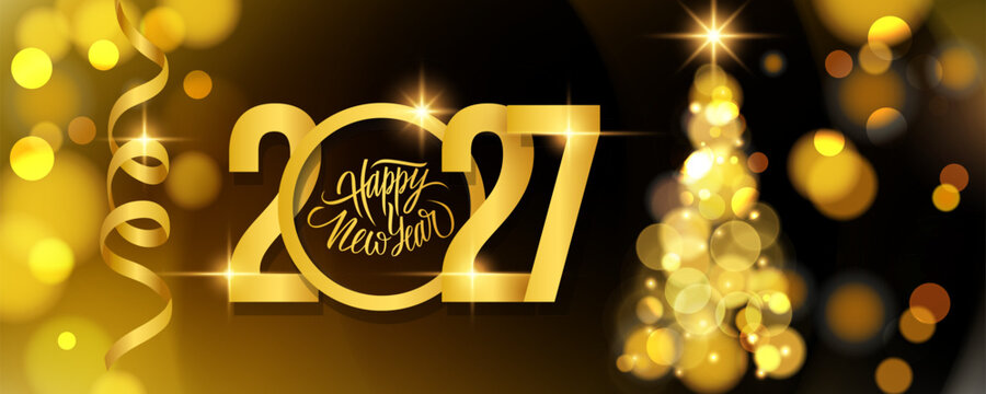 2027 New Year Festive Banner. Handwritten holiday greetings Happy New Year, Christmas Tree and Gold Ribbon. Bright blurred bokeh lights. Vector illustration.