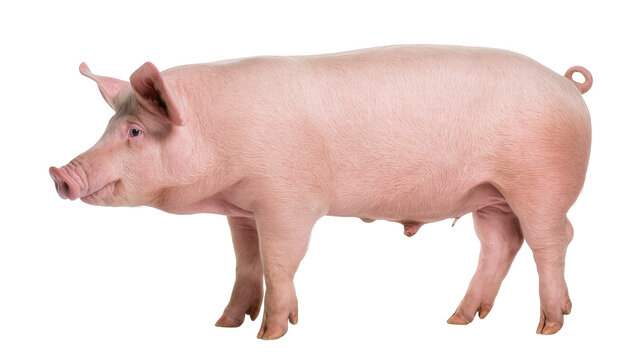 Pink pig standing profile view