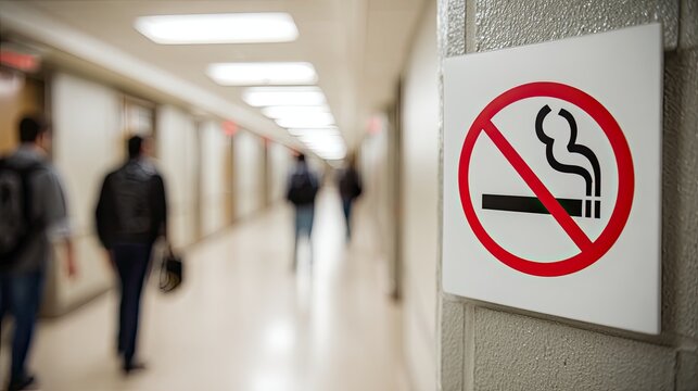 A hallway with a no smoking sign on the wall and people walking