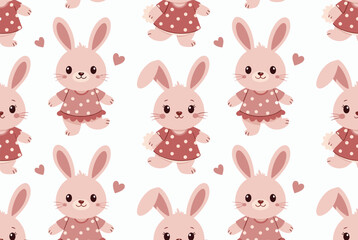 Fototapeta premium Seamless pattern of adorable pink bunnies wearing polka dot dresses with tiny hearts on a white background for baby girls.