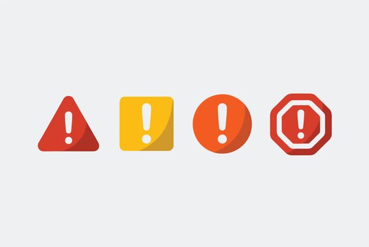 Set of red and orange warning exclamation mark icons in different geometric shapes representing hazard alerts and caution.