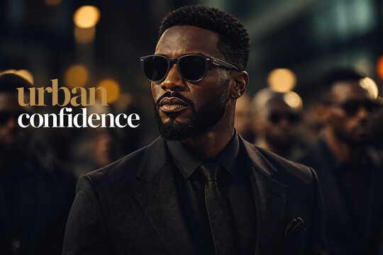 A stylish Black man in a suit and sunglasses looks confidently at the camera in a dimly lit setting.