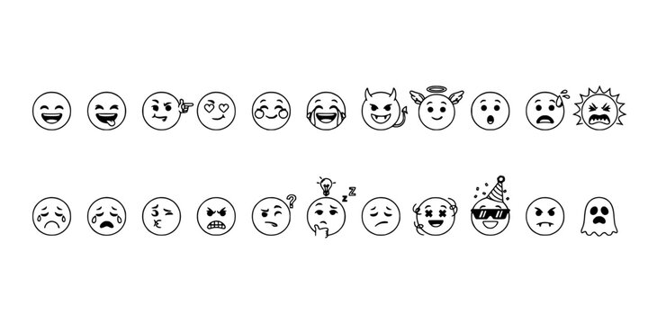 Emoticons Depicting Various Facial Expressions and Emotions in a Cartoon Style Featuring Happy Face, Sad Face, Angry Face with Surprised Face