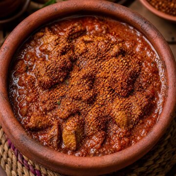 Red stew in a clay bowl topped with berbere spice blend.