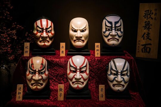 A red velvet display of kabuki masks with dramatic expressions and lighting.