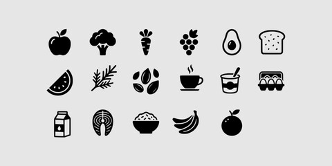 Icon set collection of fresh healthy food, organic produce, nutrition, diet, lifestyle, and delicious ingredients in black silhouette. © Raka Firdaus 
