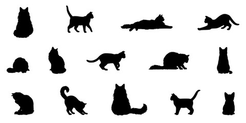Obraz premium Cat Silhouettes in Various Poses on White Background, Set of 14 Black Cat Shapes for Halloween and Icon Design
