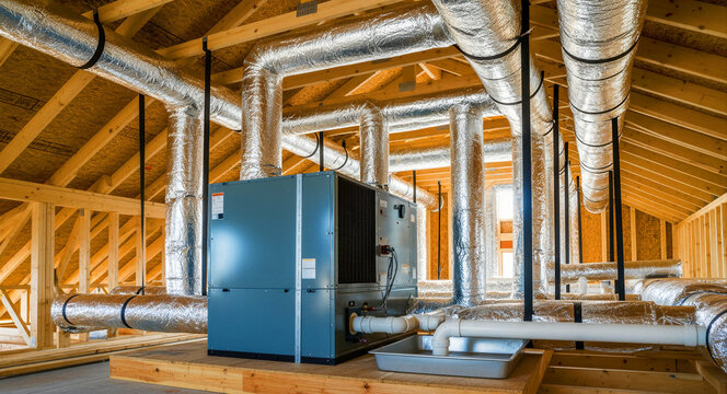 HVAC unit and insulated ductwork in a residential attic. Modern air handler system installed within wooden roof trusses. Climate control concept, ideal for home inspection and HVAC marketing.