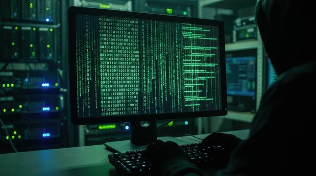 Green matrix code screen with digital technology data cyber programming. ground computer hacker screen, binary software abstract