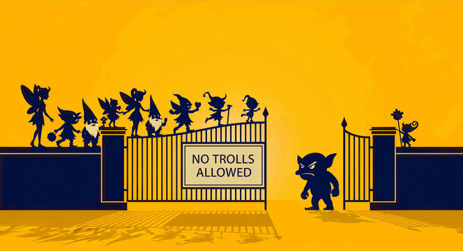 Magical creatures silhouettes on a gate with a no trolls allowed sign. An angry goblin stands excluded from the playful fairies and gnomes. Cyberbullying and moderation concept for internet safety.