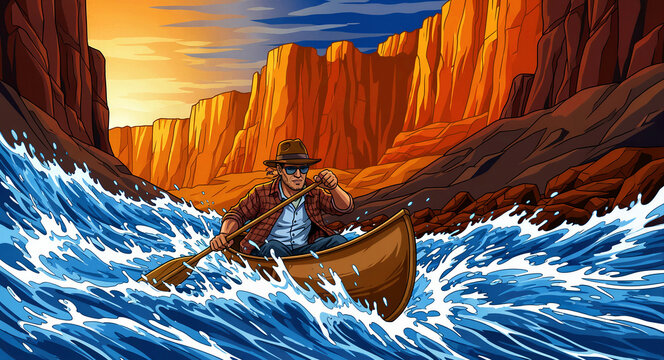 Man paddling a canoe through white water rapids in a canyon. Adventurer navigating rough waves at sunset. Outdoor sports and nature exploration concept, ideal for travel and adventure marketing.