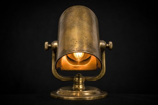 Single vintage brass footlight with a tarnished shade on dark background.