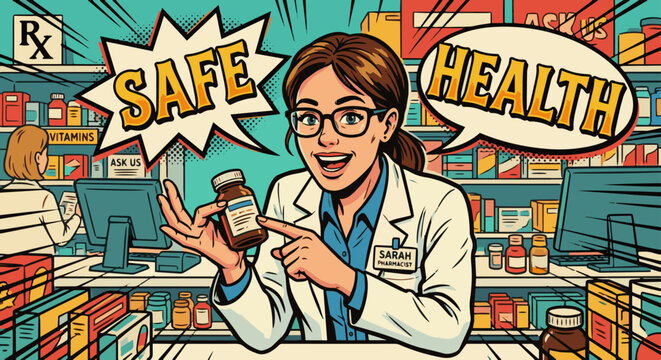 Comic-strip flat vector style: A dynamic close-up of a pharmacist giving a helpful explanation, large stylized "SAFE" and "HEALTH" text bubbles in a retro font, bold flat colors