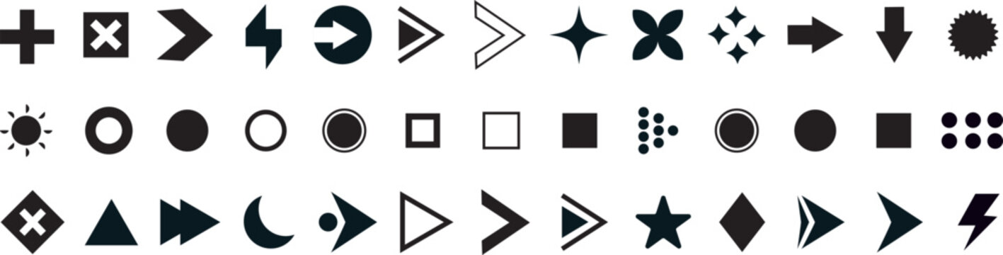 Isolated collection of Fl&egrave;che bullet list icons for arrow pointer indicators and high-quality directory list buttons, containing high-quality