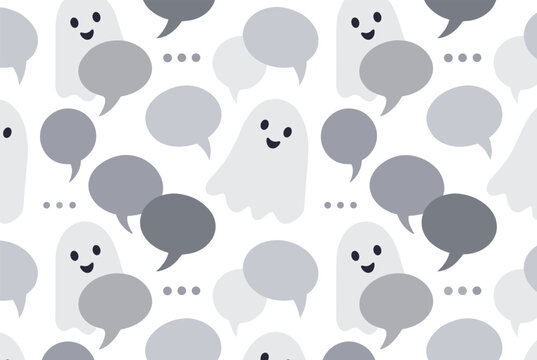 Playful seamless pattern of cute friendly white ghosts with grey speech bubbles on white background, ideal for halloween.