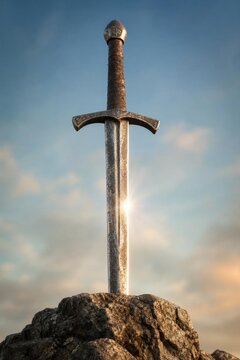 A weathered longsword plunged into a craggy rock, sunlight glinting.