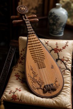 Ornate pear-shaped pipa lute resting on an embroidered silk cushion.