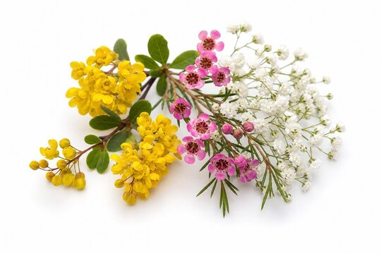 Close-up of small yellow, pink, and white flowers on a clean white background.