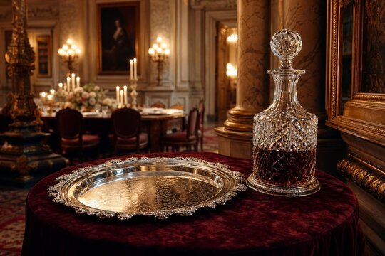 A silver salver and crystal decanter on a velvet table in a banquet hall.