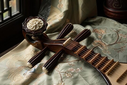 Exquisite pipa lute resting on embroidered silk fabric with curved headstock.