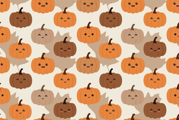 Obraz premium Seamless pattern with cute cartoon pumpkins and autumn leaves on a light beige background for thanksgiving and halloween.