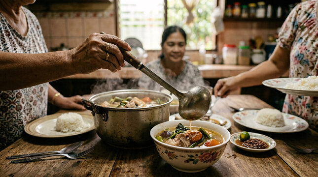 Filipino family serving traditional sinigang soup with rice at a rustic home kitchen table