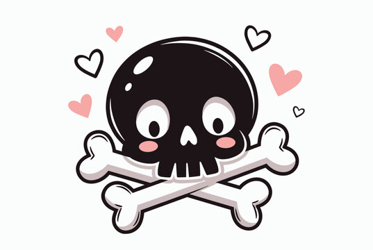Cute cartoon skull with crossbones surrounded by lovely pink and white hearts isolated on a plain white background.