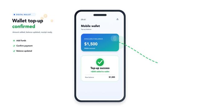 Digital wallet top up confirmation with rising balance