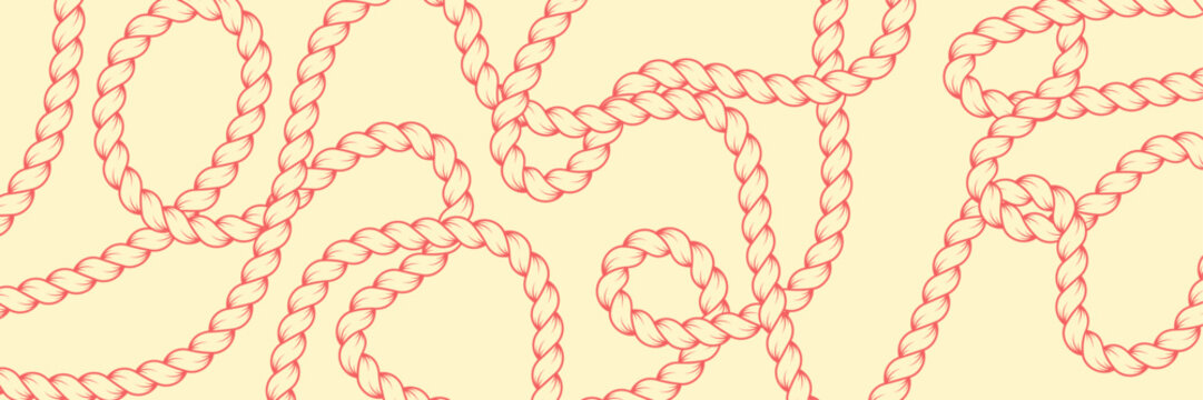 Hand drawn rope brush bg. Braided cord lines with decorative knots and loops. Vector nautical bg.