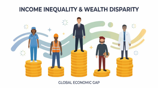 Flat Design Vector Illustration of Diverse Professions on Coin Stacks, Representing Income Inequality and Global Economic Gap, With Copy Space