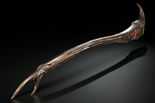 Gleaming fantasy glaive weapon resting on a dark surface, illuminated by dramatic lighting