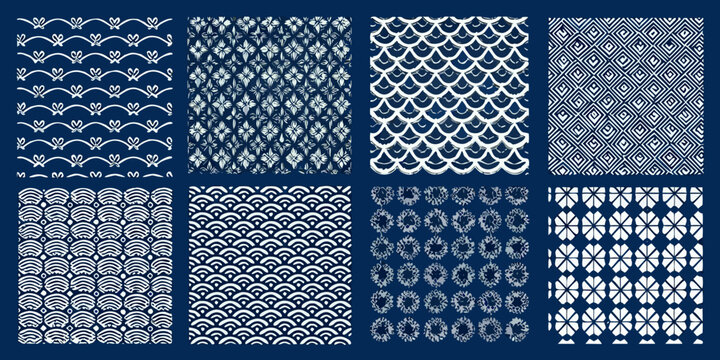 Collection Of Traditional Japanese Geometric Patterns On A Dark Blue Background pattern ornament design