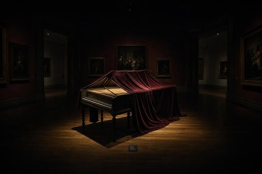 A museum gallery with a single harpsichord covered in velvet under a dramatic spotlight.