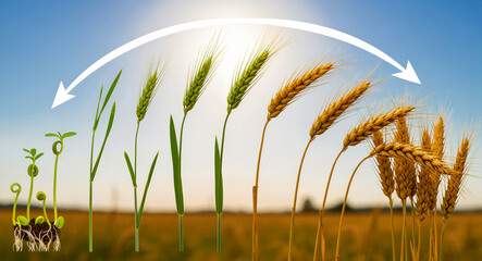 Obraz premium Growth stages of a wheat plant from seed sprout to mature golden grain. Diagram showing crop development in a sunny field. Agricultural lifecycle concept for farming marketing and education.