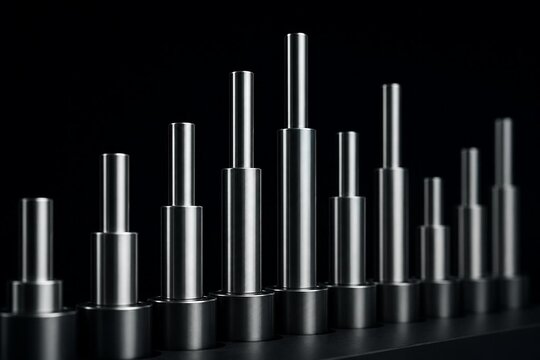 Sleek metallic cylinders in a linear sequence, captured in synchronized vertical motion.
