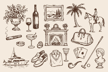 Obraz premium Old Money Luxury Lifestyle Set Vintage Sketch Vector Illustration