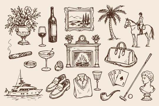 Old Money Luxury Lifestyle Set Vintage Sketch Vector Illustration
